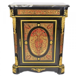 Casa Padrino Commode Baroque Boulle Style Antique Noir / Or / Rouge avec Plateau en Marbre 95 x 45 x H 105 cm