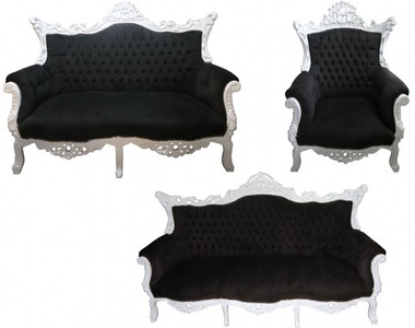 Casa Padrino Set de salón barroco Master estilo antiguo negro/blanco - Sofá 3 plazas, Sofá 2 plazas, 1 Sillón Casa Padrino Set de salón barroco Master estilo antiguo negro/blanco - Sofá 3 plazas, Sofá 2 plazas, 1 Sillón