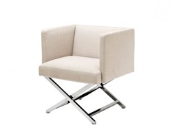 Casa Padrino Fauteuil Club Art Déco - Fauteuil d'Hôtel de Luxe en Acier Poli et Tissu Panama Natural - 66 x 57 x 74 cm
