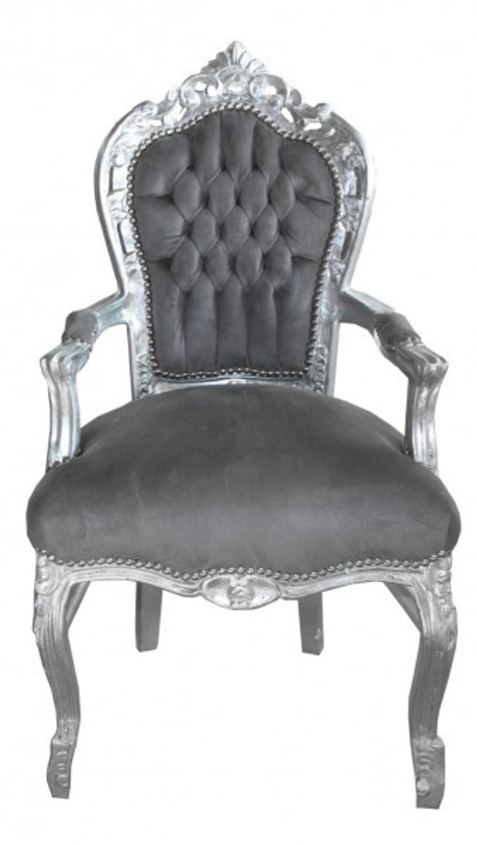 Casa Padrino baroque Chaise de dîner avec accoudoirs Gris / Argent - Mobilier de style ancien Casa Padrino baroque Chaise de dîner avec accoudoirs Gris / Argent - Mobilier de style ancien