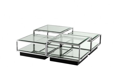 Casa Padrino Set di 4 tavolini da salotto di lusso Art Déco, tavolo in acciaio inox lucido e vetro specchiato nero 65 x 65 x H. 40 cm