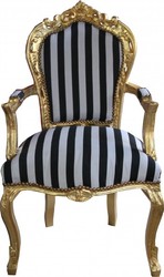 Casa Padrino Baroque Dining Chair Black / White Stripes / Gold with armrests - antique style furniture