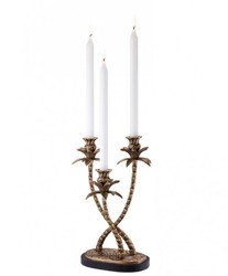 Casa Padrino Bougeoir de luxe palmier en laiton 3 branches - Laiton vintage / Socle en granit noir - 25,5 x 19 x H. 34 cm