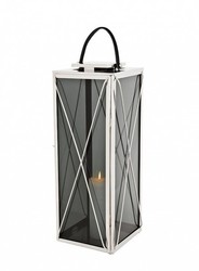 Casa Padrino Designer Deco Lantern Nickel Finish 30 x 30 x H. 83 cm - Luxury Lantern in Silver and Smoke Glass