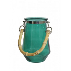 Casa Padrino Lanterna Decorativa con Manico in Bambù, Lanterna di Lusso in Vetro Verde Scuro, Diametro 14 cm, Altezza 20 cm