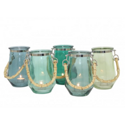 Casa Padrino Lanterna Decorativa con Manico in Bambù, Lanterna di Lusso in Vetro Verde Scuro, Diametro 14 cm, Altezza 20 cm