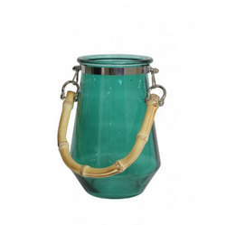 Casa Padrino Lanterna Decorativa con Manico in Bambù, Lanterna di Lusso in Vetro Verde Scuro, Diametro 14 cm, Altezza 20 cm
