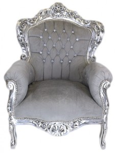 Casa Padrino Sillón Barroco King Estilo Antiguo, Terciopelo Gris y Plata con Estrás Bling Bling, 120 x 85 x 85 cm Casa Padrino Sillón Barroco King Estilo Antiguo, Terciopelo Gris y Plata con Estrás Bling Bling, 120 x 85 x 85 cm