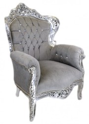Casa Padrino Sillón Barroco King Estilo Antiguo, Terciopelo Gris y Plata con Estrás Bling Bling, 120 x 85 x 85 cm Casa Padrino Sillón Barroco King Estilo Antiguo, Terciopelo Gris y Plata con Estrás Bling Bling, 120 x 85 x 85 cm