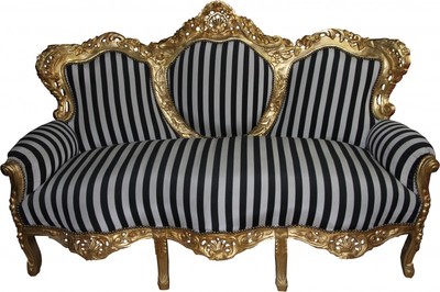Casa Padrino Divano 3 posti Barocco King a righe Nero/Bianco e Oro, 184 x 81 x 125 cm Casa Padrino Divano 3 posti Barocco King a righe Nero/Bianco e Oro, 184 x 81 x 125 cm
