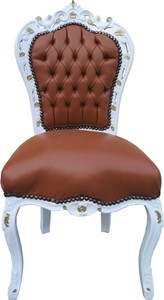 Casa Padrino Baroque Dining Chair Apricot-Brown Leather / White / Gold - Limited Edition Casa Padrino Baroque Dining Chair Apricot-Brown Leather / White / Gold - Limited Edition