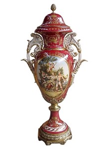 Casa Padrino Luxury Baroque Porcelain Vase with Lid in Red and Gold - Height 128 cm - Limited Edition