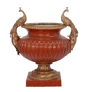 Casa Padrino Luxury Porcelain Vase in Baroque Style with 2 Handles in Red and Bronze, Height 48.8 cm