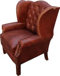 Casa Padrino Sillón orejero Chesterfield de lujo en cuero auténtico marrón y oro 72 x 65 x H. 103 cm
