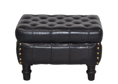 Casa Padrino Genuine Leather Stool Black 50 x 40 x H. 35 cm - Luxury Chesterfield Footstool Vintage Design