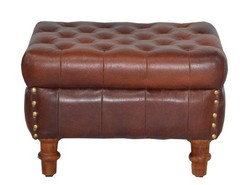 Casa Padrino Luxury Genuine Leather Ottoman Chesterfield Style in Brown - 50 x 40 x H. 35 cm - Handcrafted Footstool with Brass