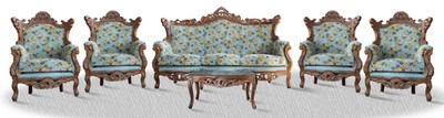 Casa Padrino Barock Sofa Set 3er Sofa 4 Sessel und Tisch mit Glasplatte - Antik Sofa Set in Braun / Hellblau