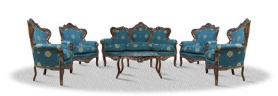 Casa Padrino Barock Sofa Set 3er Sofa 4 Sessel und Tisch mit Glasplatte - Antik Möbel Casa Padrino Barock Sofa Set 3er Sofa 4 Sessel und Tisch mit Glasplatte - Antik Möbel