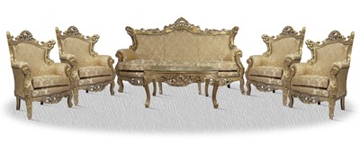 Casa Padrino Barock Sofa Set 3er Sofa 4 Sessel und Tisch mit Glasplatte - Vintage Gold / Gold mit Muster Casa Padrino Barock Sofa Set 3er Sofa 4 Sessel und Tisch mit Glasplatte - Vintage Gold / Gold mit Muster