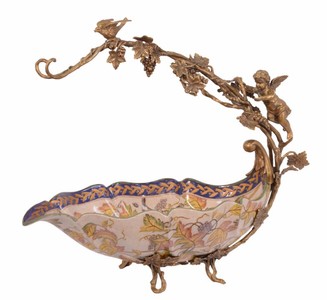 Casa Padrino Luxury Baroque Porcelain Fruit Bowl with Brass Handle cream / blue / bronze 51.5 x 26.8 x 43 cm
