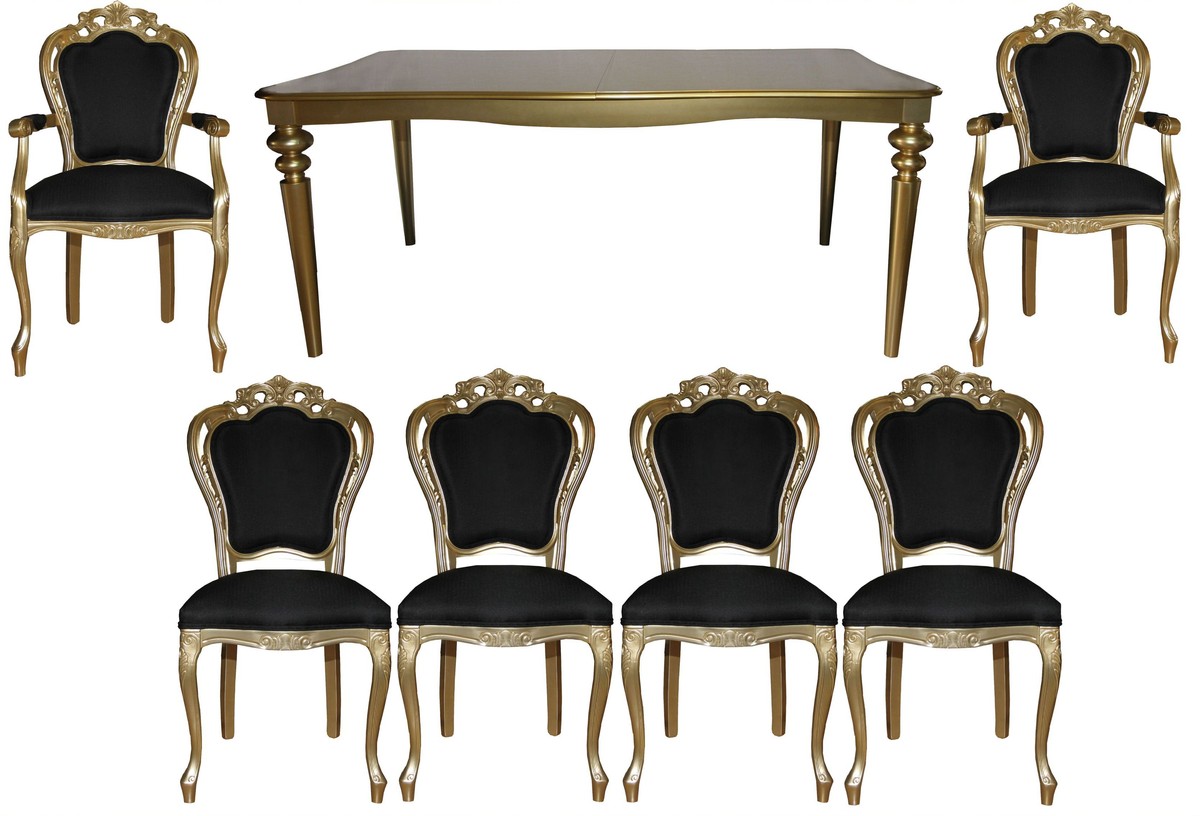 Casa Padrino barocco da pranzo di lusso ambiente impostata Nero / Oro - Barocco pranzo tavolo + 6 sedie - qualità di lusso - Limited Edition Casa Padrino barocco da pranzo di lusso ambiente impostata Nero / Oro - Barocco pranzo tavolo + 6 sedie - qualità di lusso - Limited Edition