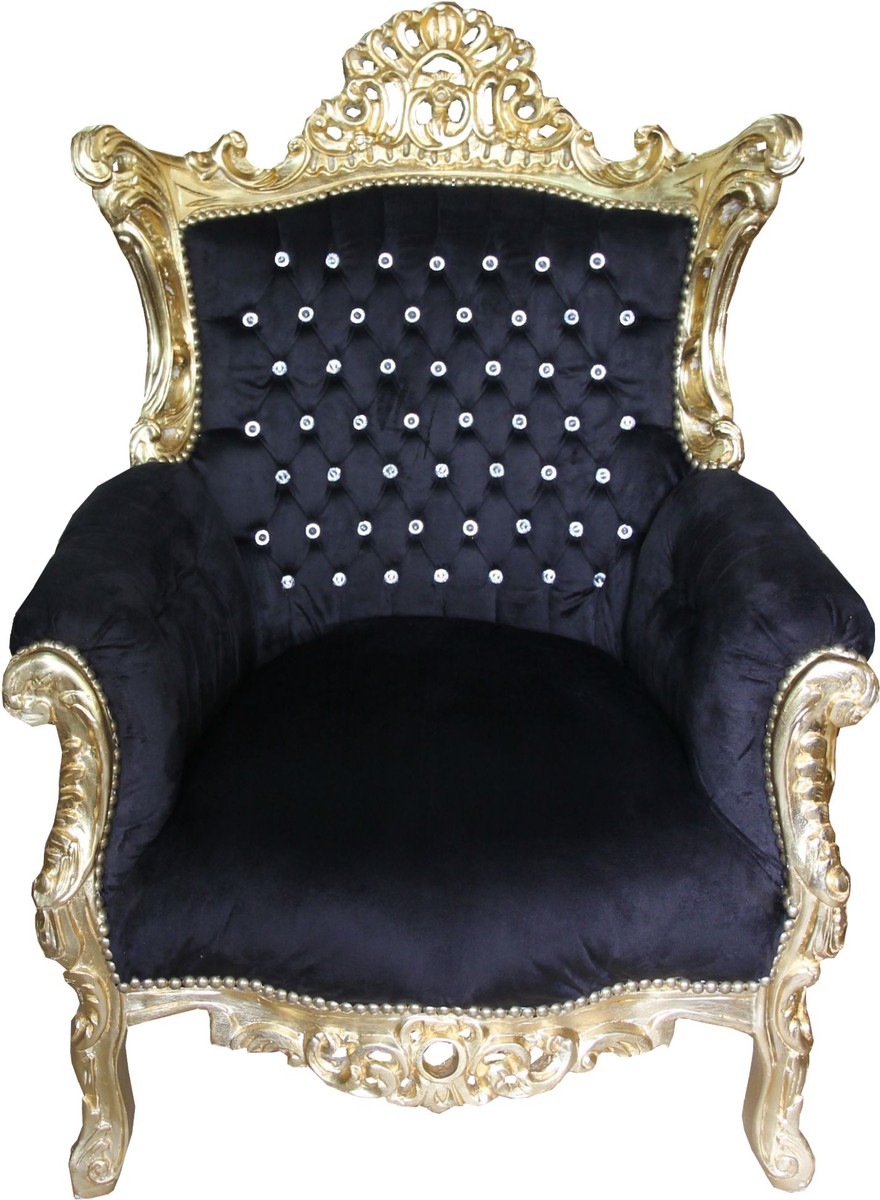 Sillón de la Casa Padrino barroco Al Capone Negro de oro con diamantes de imitación de Bling Bling Sillón de la Casa Padrino barroco Al Capone Negro de oro con diamantes de imitación de Bling Bling