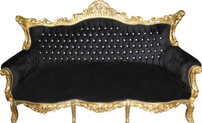 Casa Padrino Divano barocco a 3 posti Master Nero / Oro con pietre scintillanti, Larghezza 210 cm Casa Padrino Divano barocco a 3 posti Master Nero / Oro con pietre scintillanti, Larghezza 210 cm