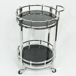Casa Padrino Lujo Carrito de Bar Redondo Acero Inoxidable Niquelado / Cristal Negro 58 x 50 x 78 cm