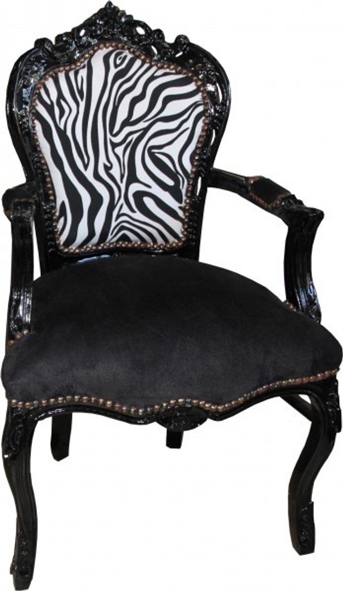 Casa Padrino Baroque Dining Chair Black / Zebra / Black with Armrests - Antique Furniture Casa Padrino Baroque Dining Chair Black / Zebra / Black with Armrests - Antique Furniture