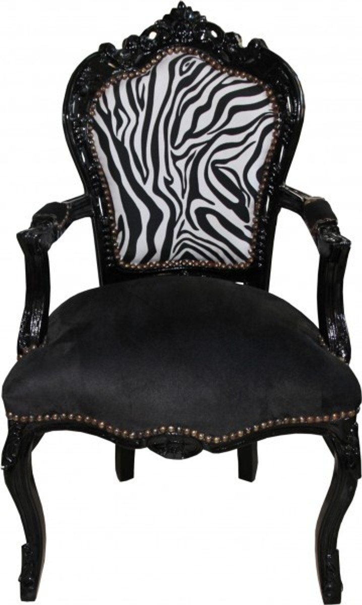 Casa Padrino Baroque Dining Chair Black / Zebra / Black with Armrests - Antique Furniture Casa Padrino Baroque Dining Chair Black / Zebra / Black with Armrests - Antique Furniture