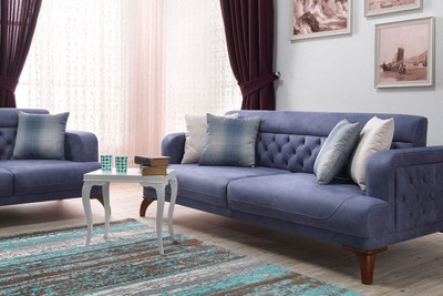 Casa Padrino Sofá de 3 plazas de diseño Venice en azul y madera, 221 x 100 x H 90 cm Casa Padrino Sofá de 3 plazas de diseño Venice en azul y madera, 221 x 100 x H 90 cm