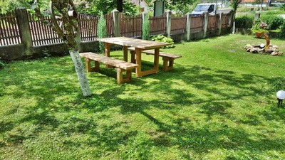 Casa Padrino Gartenmöbel Set Rustikal mit A-Gestell - Tisch + 2 Garten Bänke (Länge: 200 cm) - Eiche Massivholz