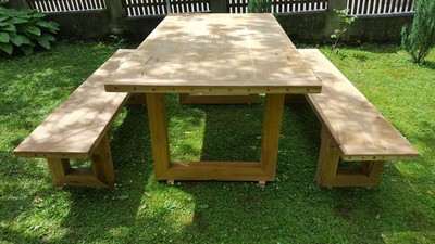 Casa Padrino Gartenmöbel Set Rustikal mit A-Gestell - Tisch + 2 Garten Bänke (Länge: 200 cm) - Eiche Massivholz