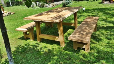 Casa Padrino Gartenmöbel Set Rustikal mit geradem Gestell - Tisch + 2 Garten Bänke (Länge: 200 cm) - Eiche Massivholz