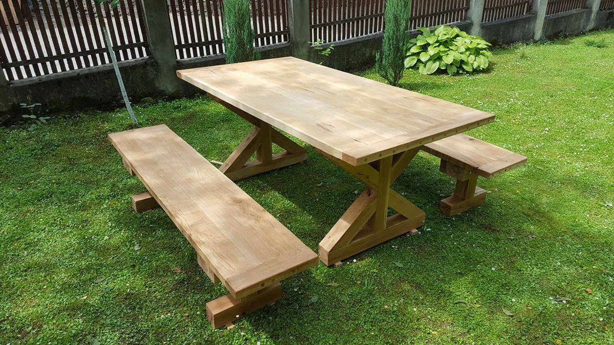 Picknick - Gartenmöbel - Biergarten - Tisch - Bänke - Eiche - Massivholz - table - bancs - jardin - chene - oak - garden furniture - eating area Picknick - Gartenmöbel - Biergarten - Tisch - Bänke - Eiche - Massivholz - table - bancs - jardin - chene - oak - garden furniture - eating area
