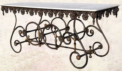 Casa Padrino Nostalgia Wrought iron dining table with marble top - 175 cm x 65 cm x H75 cm - luxury garden furniture Casa Padrino Nostalgia Wrought iron dining table with marble top - 175 cm x 65 cm x H75 cm - luxury garden furniture