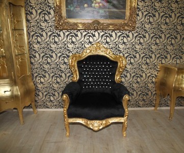 Casa Padrino Sillón Barroco King Estilo Antiguo, Negro Oro con Estrás, 120 x 85 x 85 cm Casa Padrino Sillón Barroco King Estilo Antiguo, Negro Oro con Estrás, 120 x 85 x 85 cm