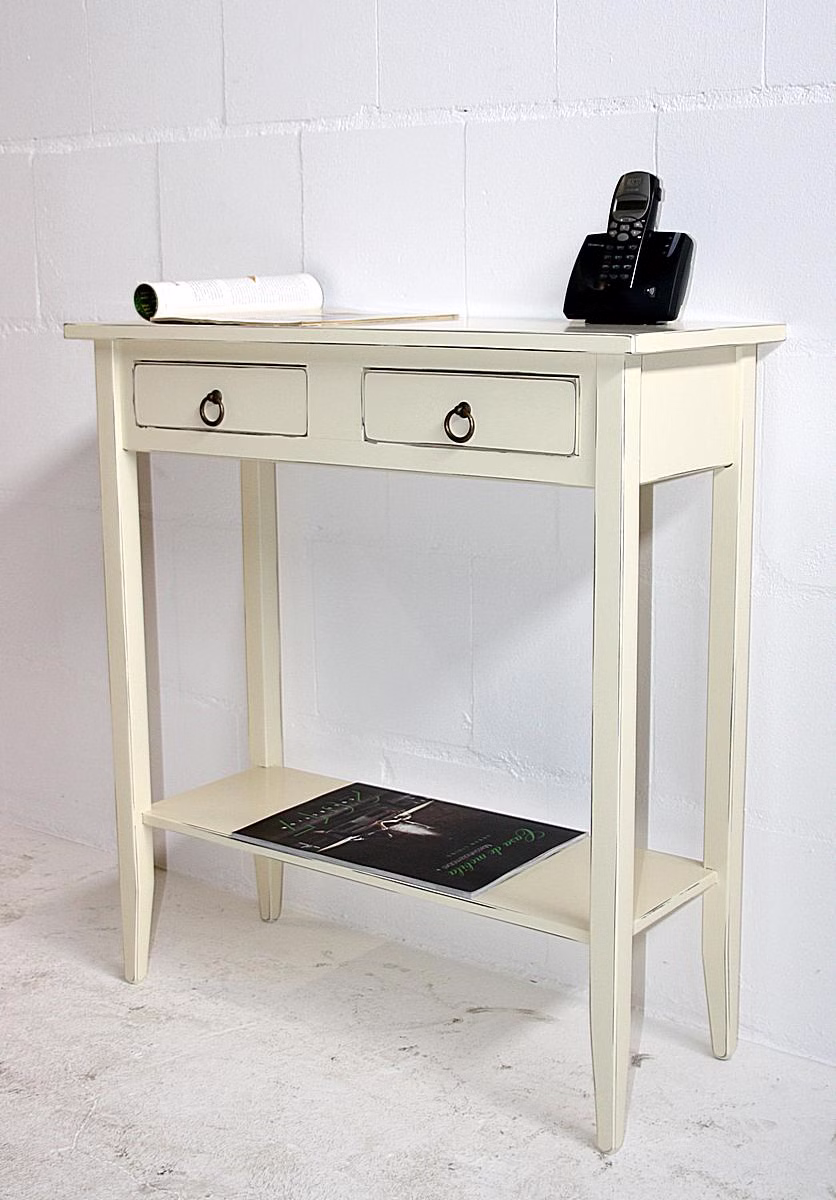 Konsolentisch 74x80x32cm 2 Schubladen 1 Ablageboden Pappel massiv creme antik lackiert Konsolentisch 74x80x32cm 2 Schubladen 1 Ablageboden Pappel massiv creme antik lackiert