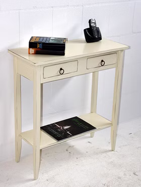 Konsolentisch 74x80x32cm 2 Schubladen 1 Ablageboden Pappel massiv creme antik lackiert Konsolentisch 74x80x32cm 2 Schubladen 1 Ablageboden Pappel massiv creme antik lackiert