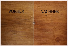 Renuwell Möbel-Regenerator 270 ml Holzoberfläche vor und nach der Behandlung mit Renuwell Möbel Regenerator – rechts mit aufgefrischtem Holzton und weniger sichtbaren Kratzern.
