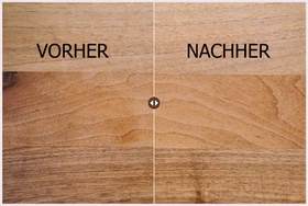 Renuwell Möbel-Öl 500 ml Holzoberfläche vor und nach der Behandlung mit Renuwell Möbel-Öl – rechts mit aufgefrischtem Holzton und deutlicherer Maserung.