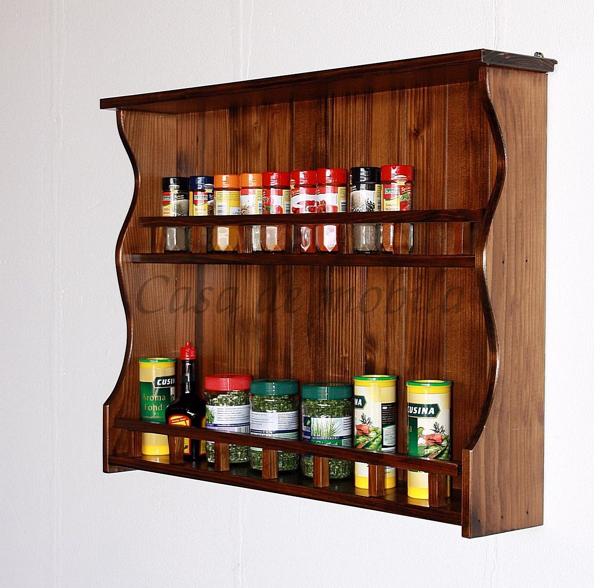 Gewürzregal 78x58x14cm DECOR Fichte nussbaumfarben lackiert Gewürzregal Küchenregal aus Holz mit 2 Ablagen aus Holz braun kolonial Fichte massiv