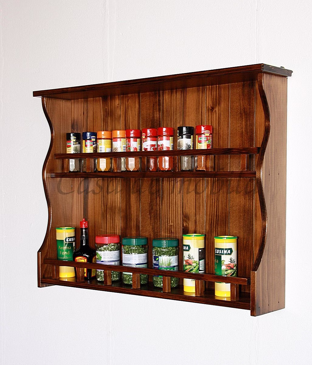 Gewürzregal 78x58x14cm DECOR Fichte nussbaumfarben lackiert Gewürzregal Küchenregal Fichte Vollholz braun kolonial mit 2 Ablagen