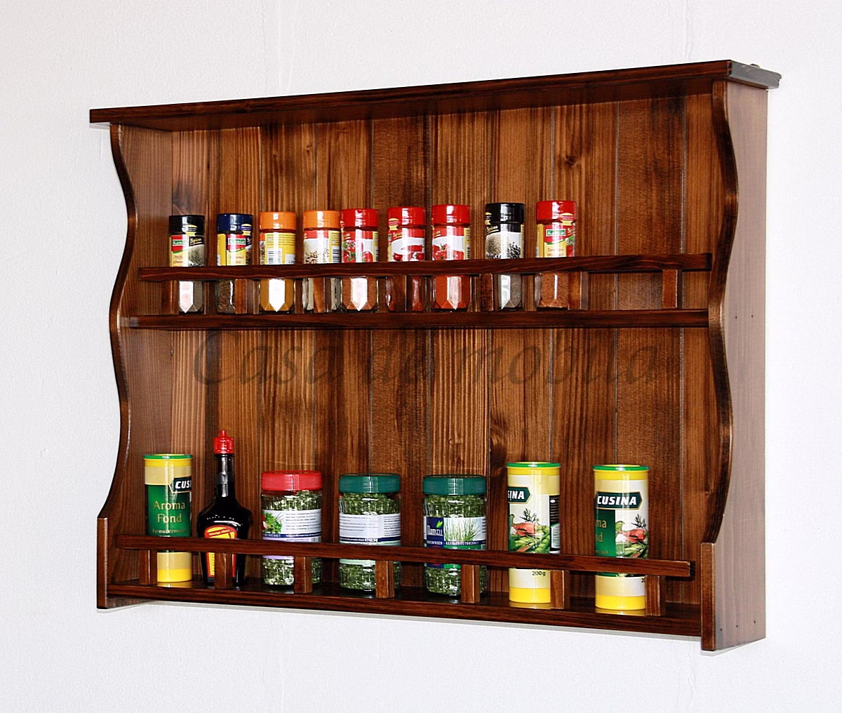 Gewürzregal 78x58x14cm DECOR Fichte nussbaumfarben lackiert Gewürzregal mit 2 Ablagen aus Fichtenholz massiv braun kolonial