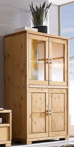 Massivholz Vitrinenschrank halbhoch GULDBORG 100x166x43cm Kiefer massiv weiß oder gelaugt geölt Casa de mobila Goslar