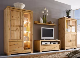 Wohnwand mit Vitrinen TV-Kommode, Wandboard Kiefer gelaugt geölt Massivholz schrank halbhoch mit 2 glastüren GULDBORG 100x166x43cm Kiefer massiv gelaugt geölt Casa de mobila Goslar