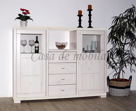 Highboard 168x127x43cm 2 Holz-/Glastüren 4 Schubladen Kiefer massiv weiß lasiert