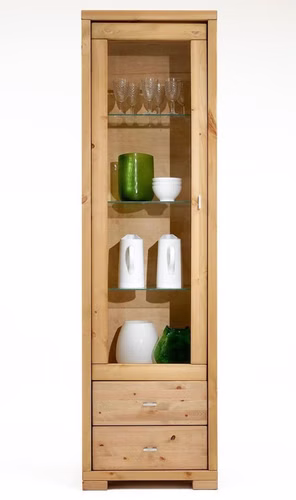 Massivholz Vitrinenschrank mit 2 Schubladen 59x204x43cm GULDBORG Kiefer massiv weiß oder gelaugt geölt Casa de mobila Goslar