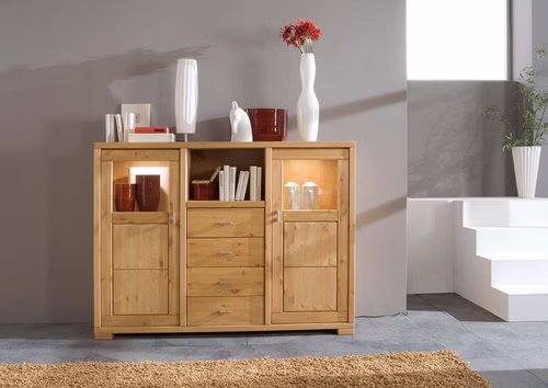 Highboard Kiefer massiv gelaugt geölt Holztüren mit Glasausschnitten Massivholz Geschirrschrank 168x127x43cm GULDBORG Kiefer massiv gelaugt geölt casademobila goslar