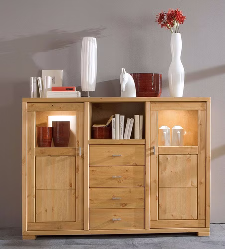 Highboard Kiefer massiv gelaugt geölt Holztüren mit Glasausschnitten Massivholz Geschirrschrank 168x127x43cm GULDBORG Kiefer massiv gelaugt geölt casademobila goslar